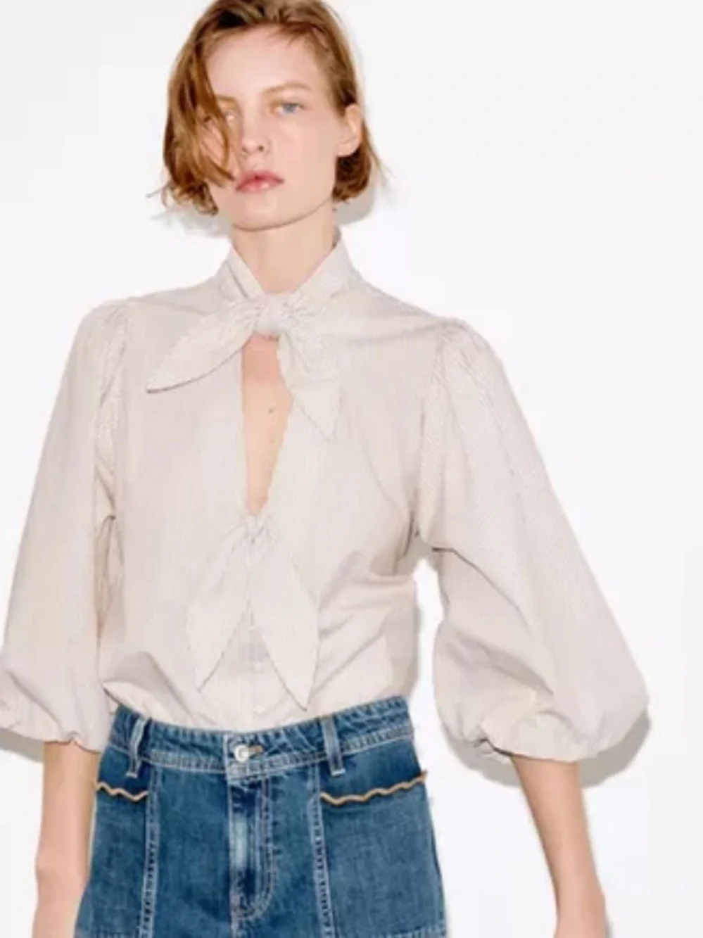 Zara NWT Striped Tie Neck Puff Sleeve Blouse Top XS Beige Cream